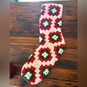 Handmade Knit Crochet Granny Square Christmas Holiday Stocking Red Green Large